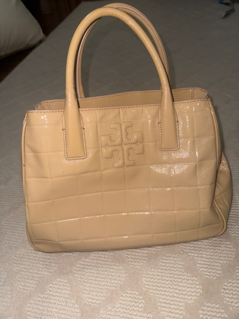 Tory Burch Cream Quilted Patent Leather Satchel
